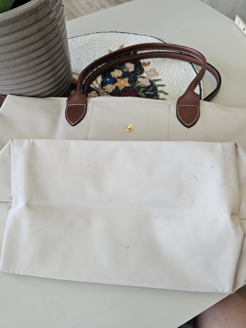 Longchamp Cream Tote with Brown Leather Trim and Handles - Picture 9 of 15